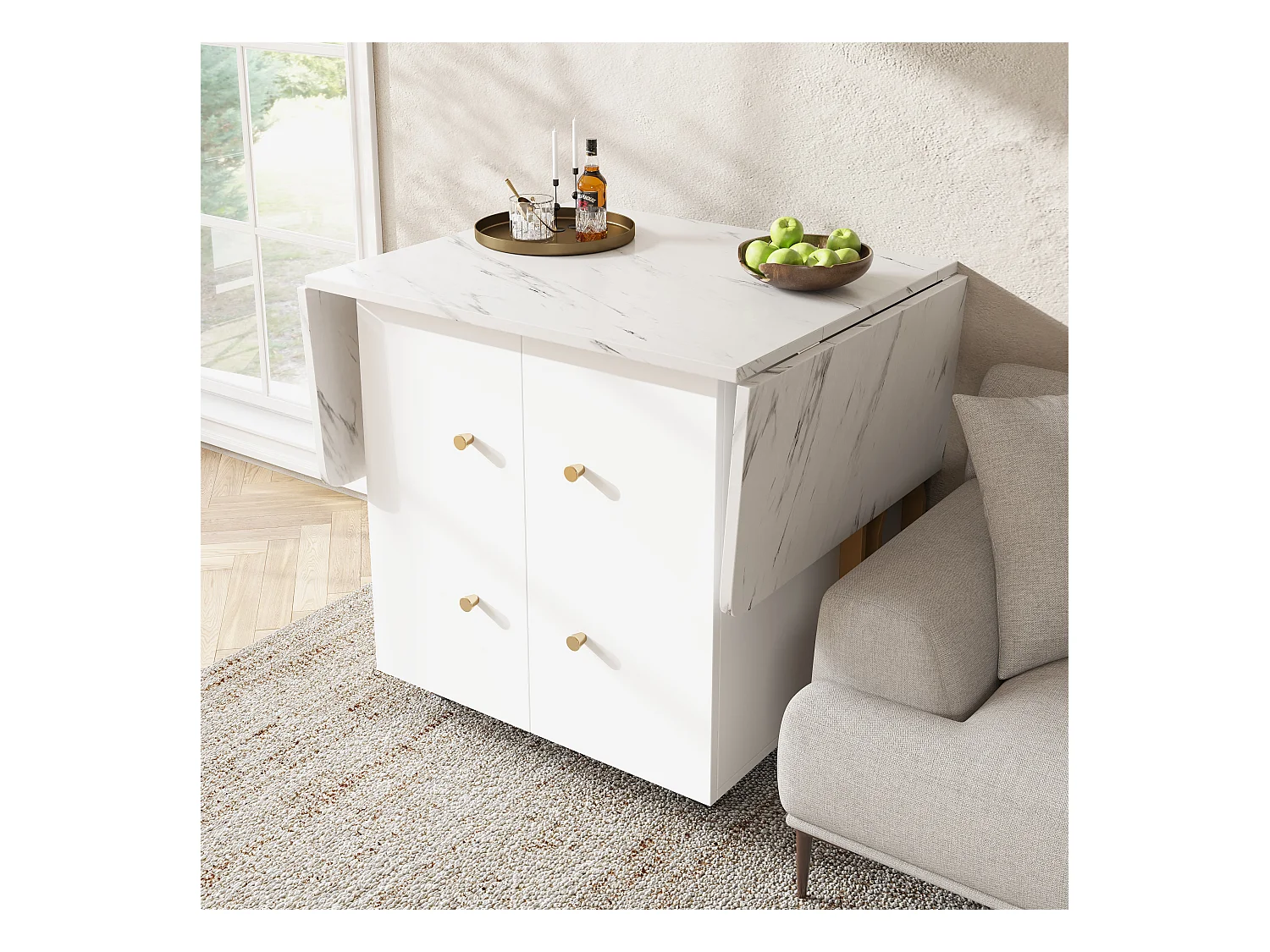 Table à manger extensible 4-8 personnes avec placard, 75x140cm en MDF, placage marbre blanc avec pied doré