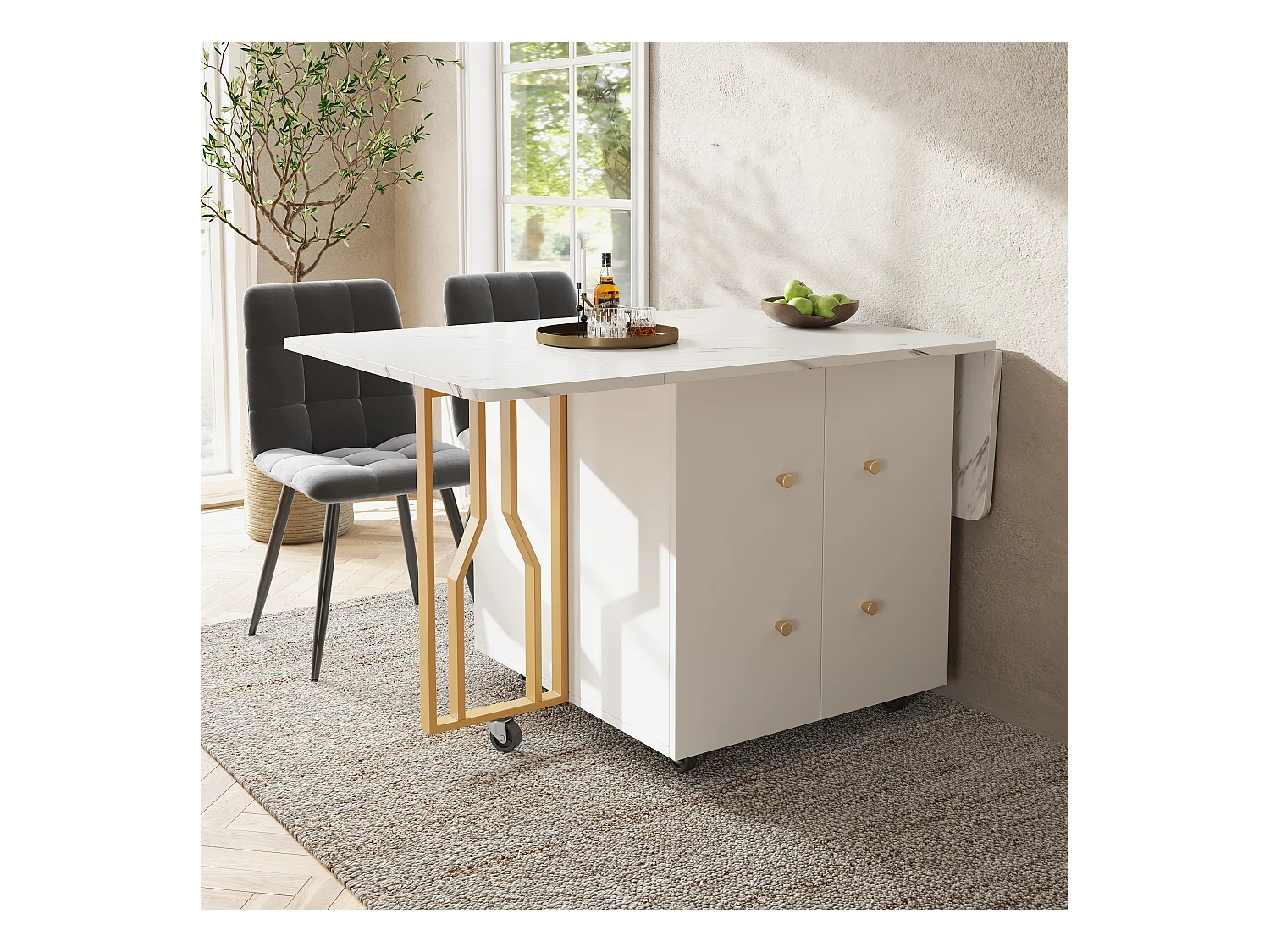 Table à manger extensible 4-8 personnes avec placard, 75x140cm en MDF, placage marbre blanc avec pied doré