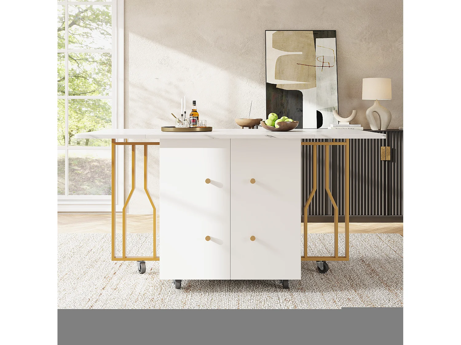 Table à manger extensible 4-8 personnes avec placard, 75x140cm en MDF, placage effet marbre blanc avec pied doré