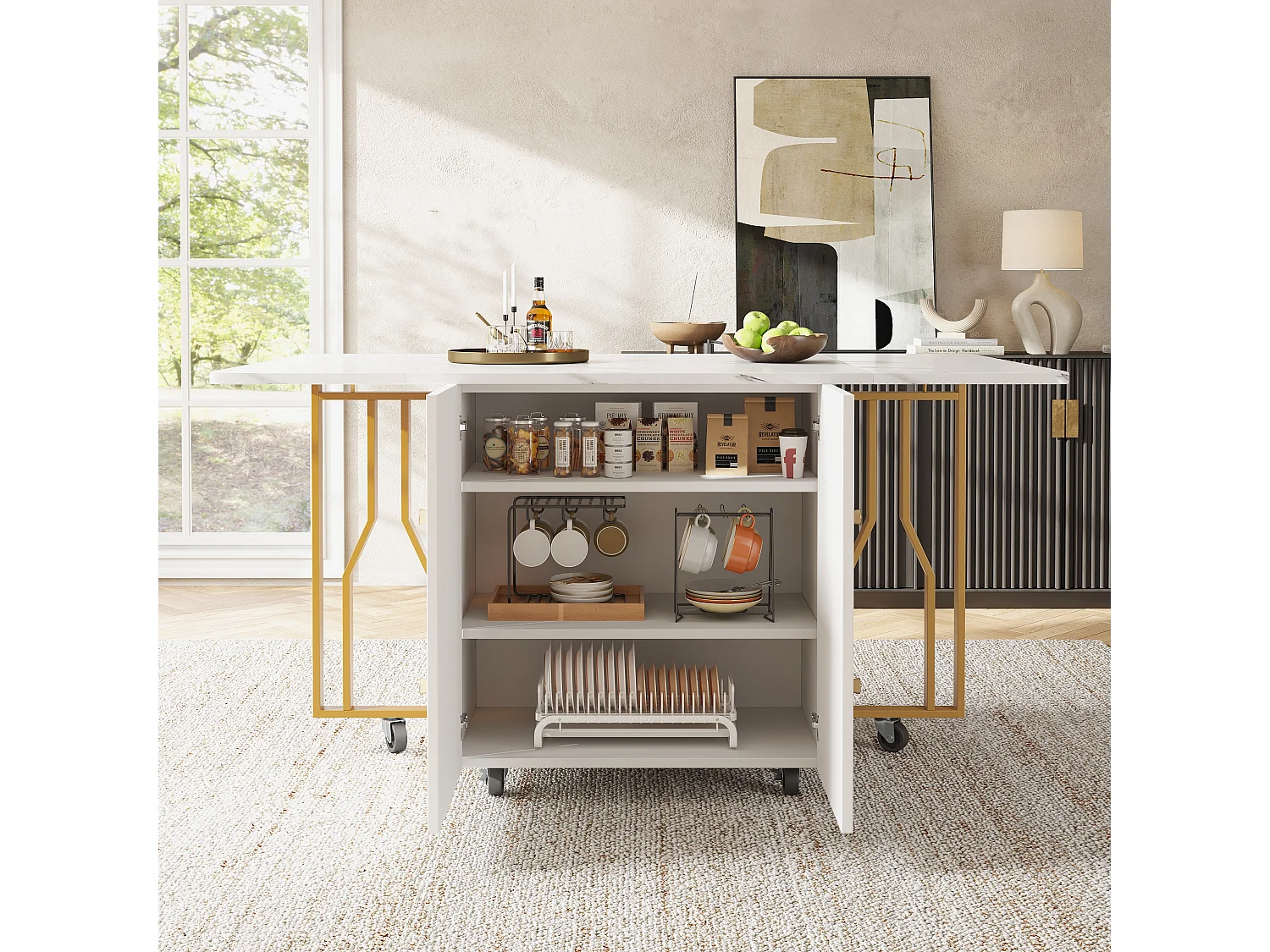 Table à manger extensible 4-8 personnes avec placard, 75x140cm en MDF, placage effet marbre blanc avec pied doré