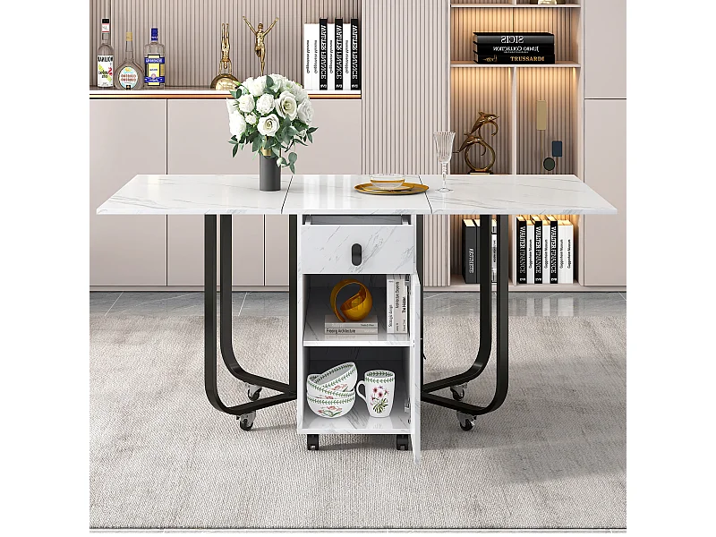 Table à manger extensible 150x80cm 6 personnes avec tiroir et placard, en MDF, placage marbre blanc avec pied noir