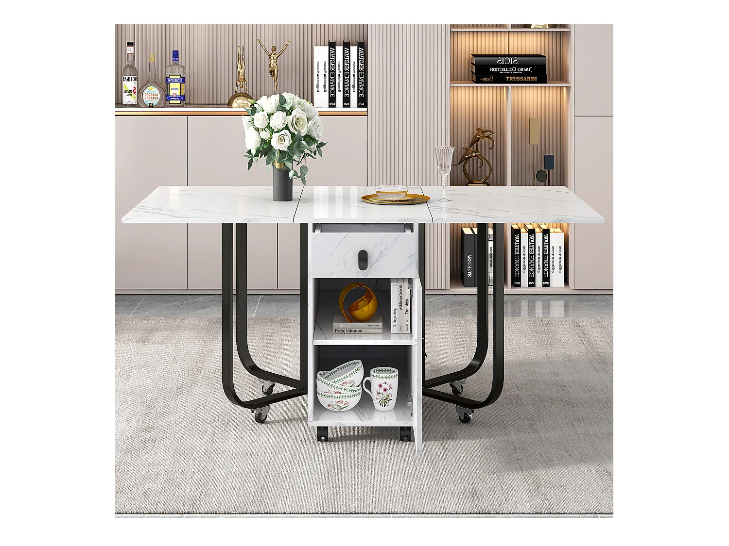 Mesa de jantar extensível 150x80cm para 6 pessoas com gaveta e armário, em MDF, folheado a mármore branco com pé preto