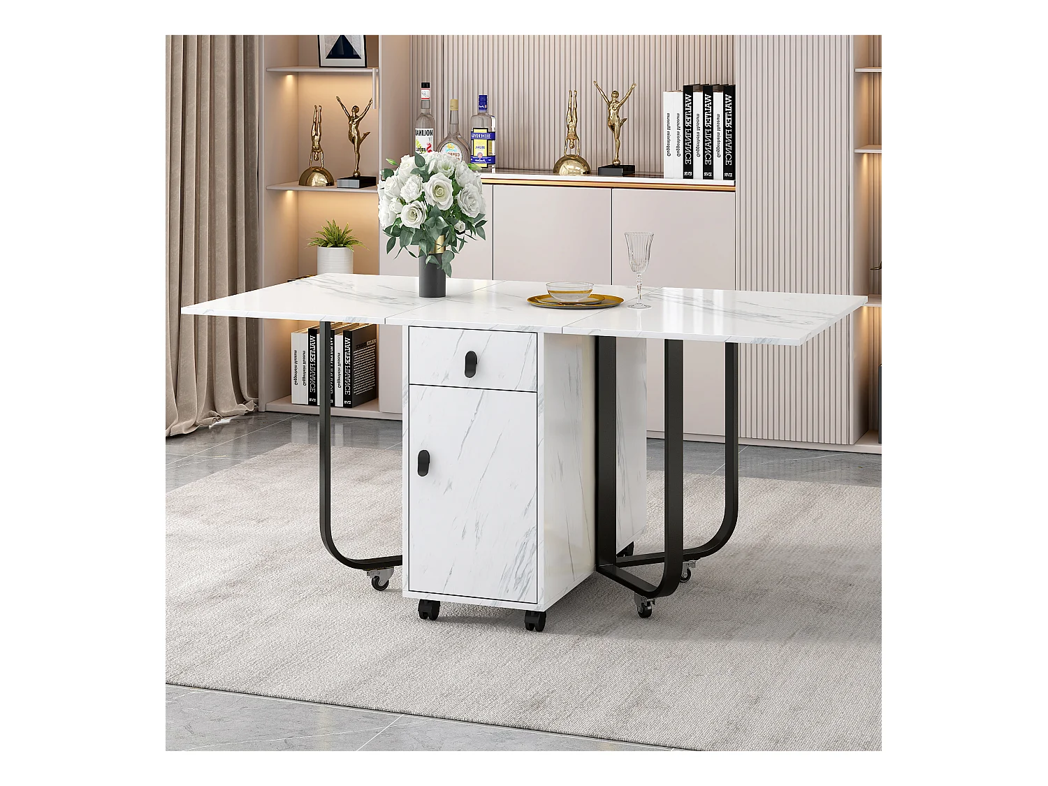 Mesa de jantar extensível 150x80cm para 6 pessoas com gaveta e armário, em MDF, folheado a mármore branco com pé preto