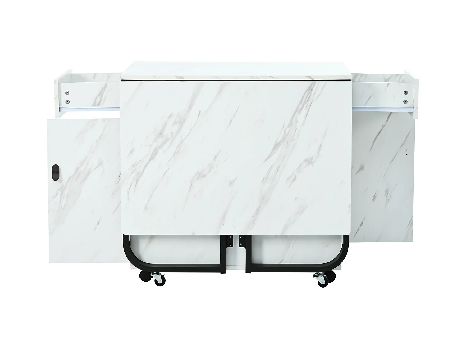 Mesa de jantar extensível 150x80cm para 6 pessoas com gaveta e armário, em MDF, folheado a mármore branco com pé preto