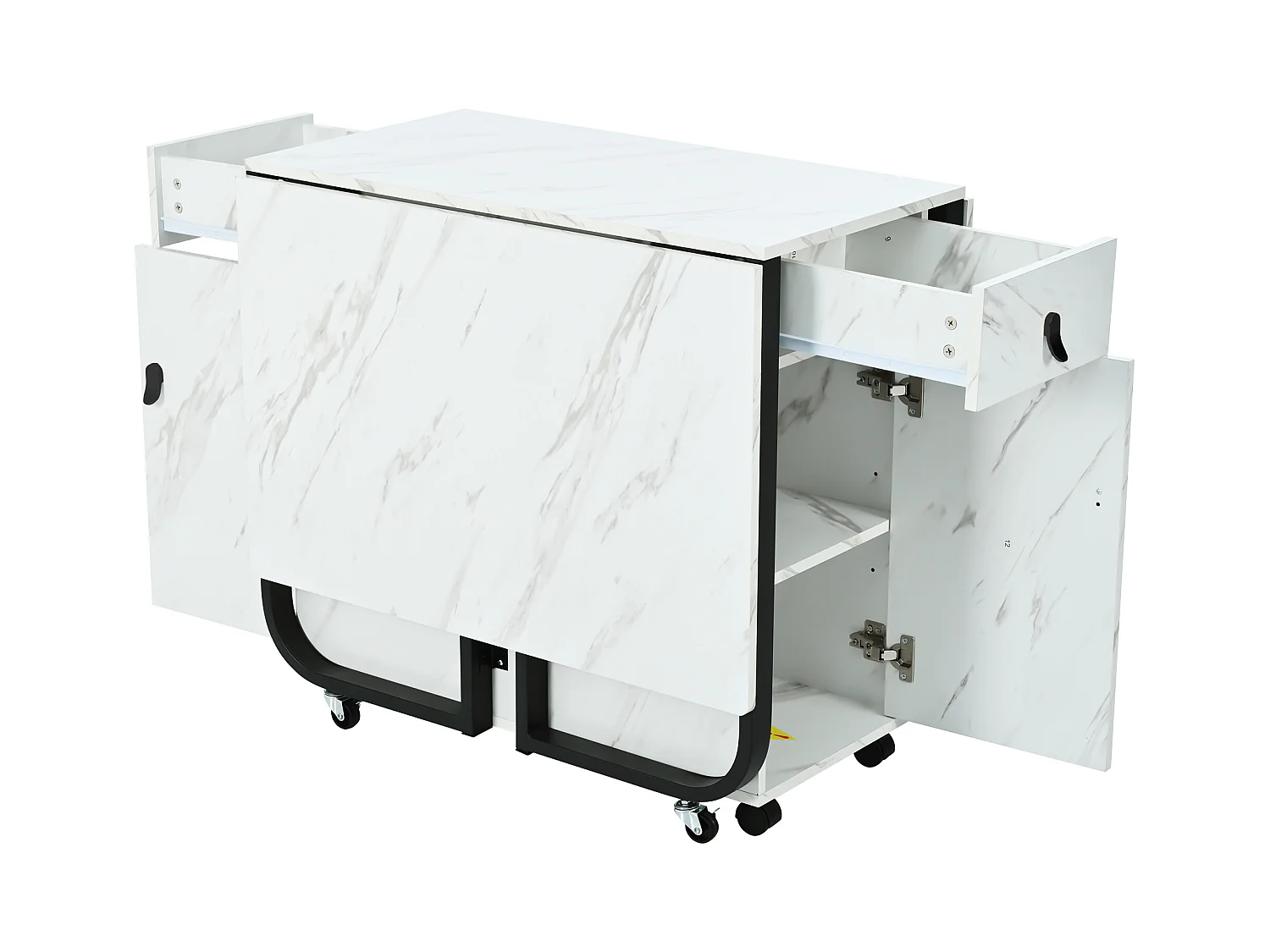 Table à manger extensible 150x80cm 6 personnes avec tiroir et placard, en MDF, placage marbre blanc avec pied noir