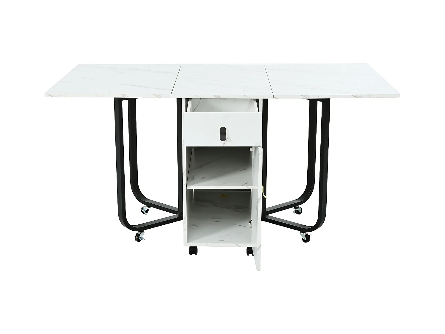 Table à manger extensible 150x80cm 6 personnes avec tiroir et placard, en MDF, placage marbre blanc avec pied noir