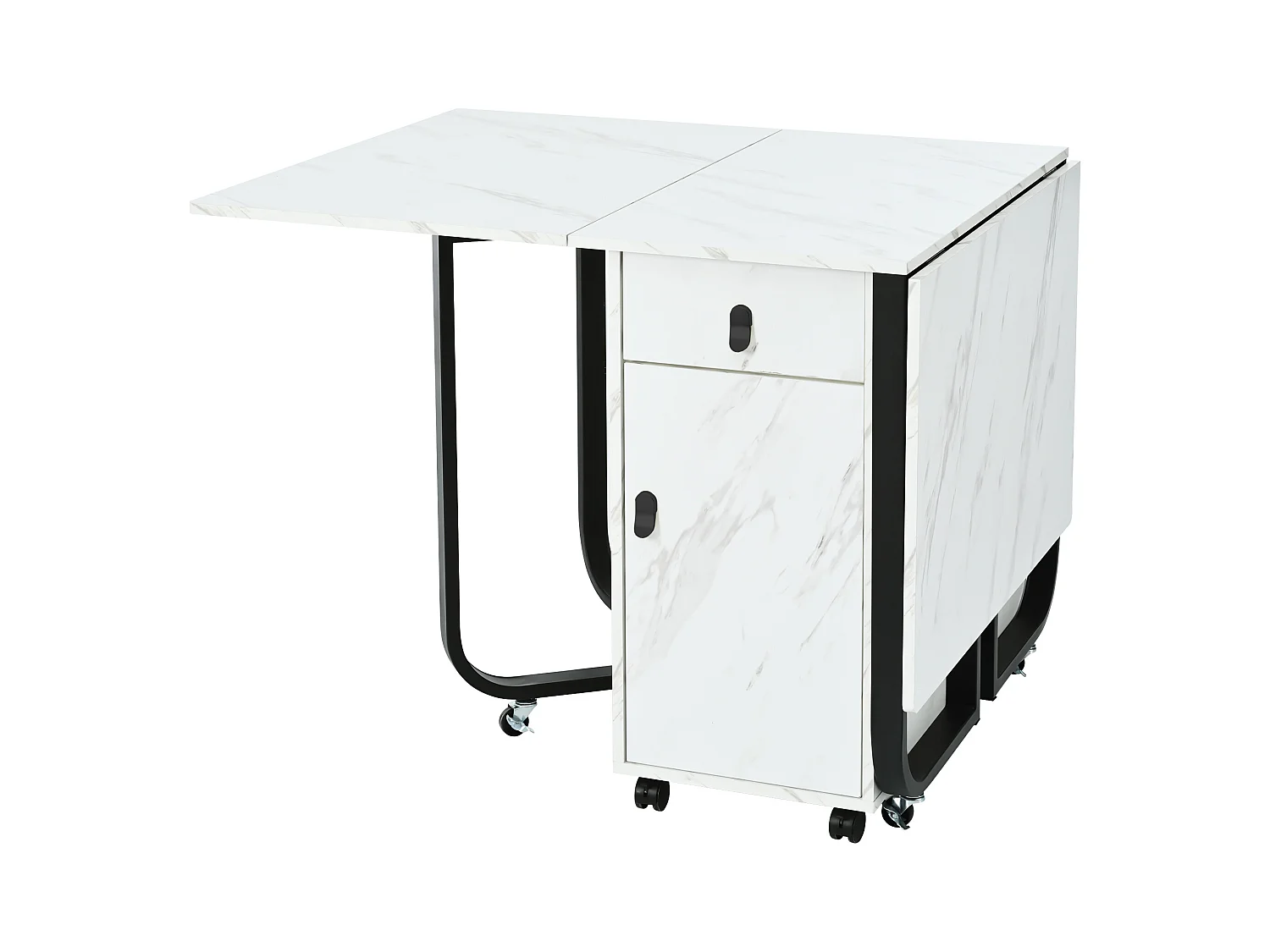 Table à manger extensible 150x80cm 6 personnes avec tiroir et placard, en MDF, placage marbre blanc avec pied noir