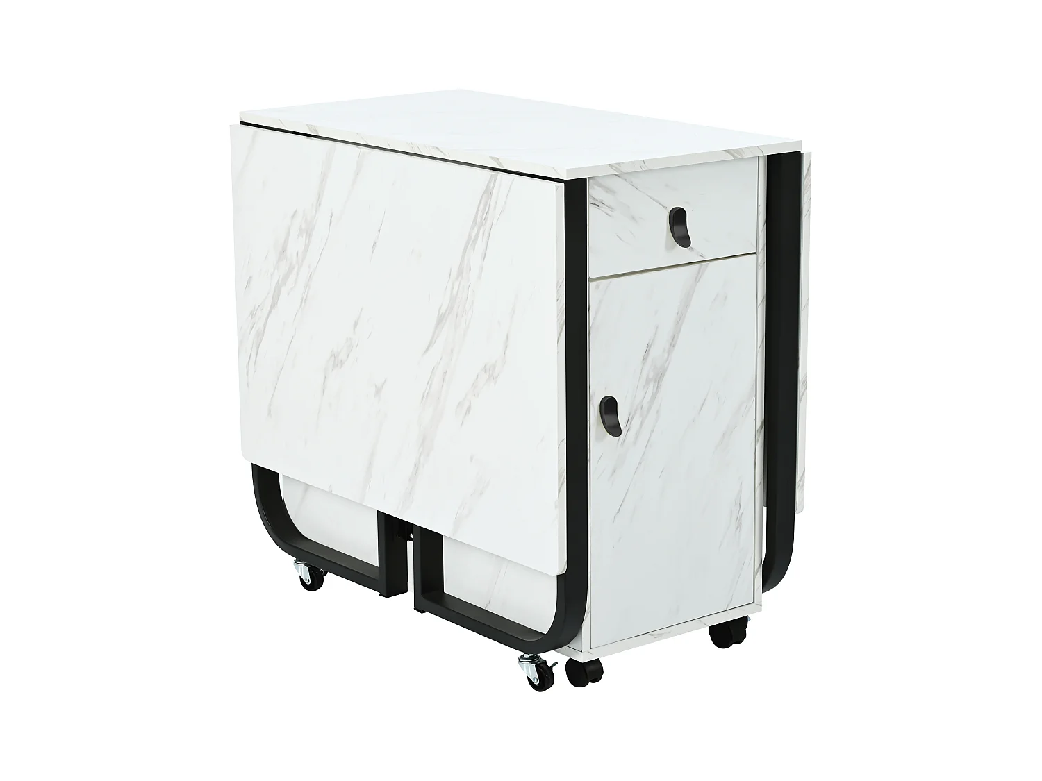 Table à manger extensible 150x80cm 6 personnes avec tiroir et placard, en MDF, placage marbre blanc avec pied noir