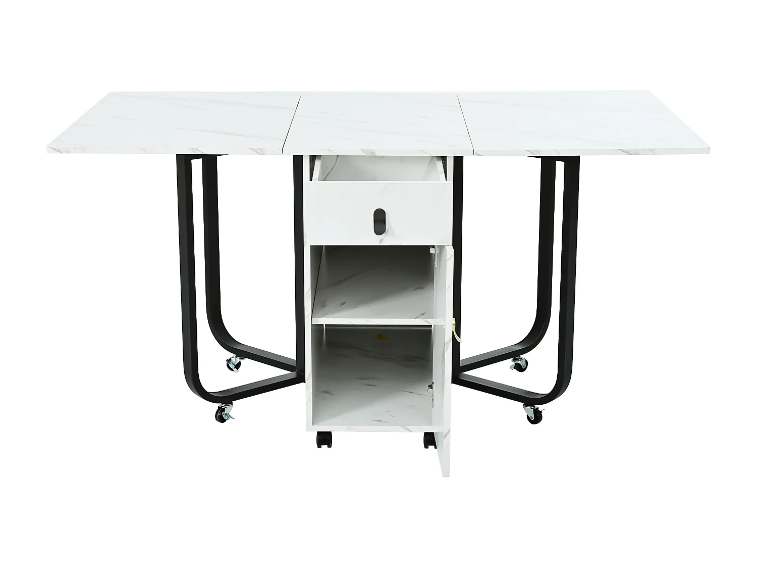 Table à manger extensible 150x80cm 6 personnes avec tiroir et placard, en MDF, placage motif marbre blanc avec pied noir