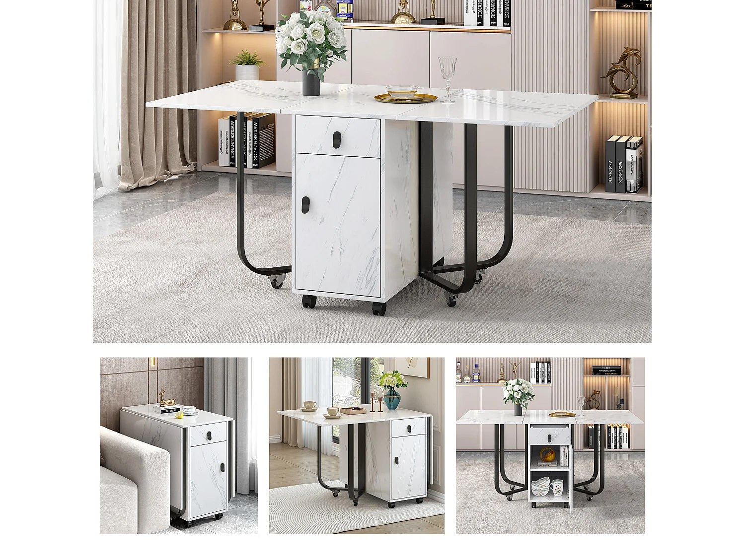 Table à manger extensible 150x80cm 6 personnes avec tiroir et placard, en MDF, placage motif marbre blanc avec pied noir