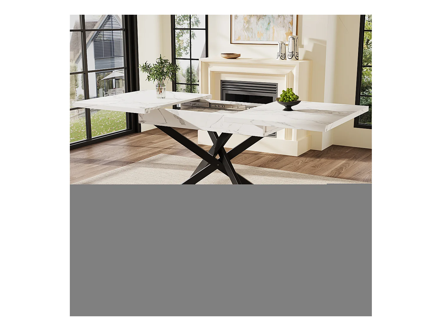 Uitschuifbare eettafel voor 6-8 personen 160x80cm in MDF met gekruiste poten, wit marmerfineer met zwarte poten