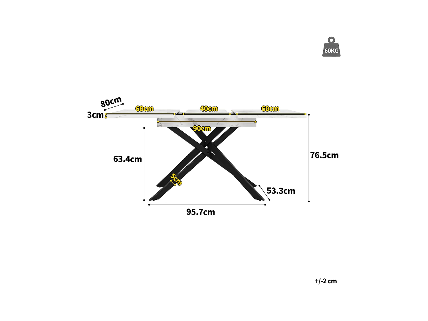 Uitschuifbare eettafel voor 6-8 personen 160x80cm in MDF met gekruiste poten, wit marmerfineer met zwarte poten