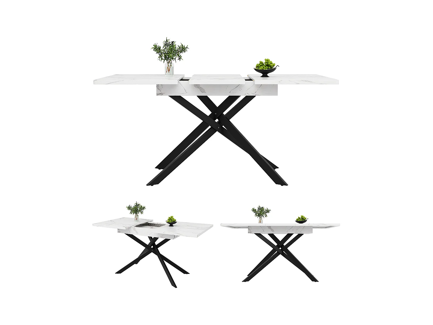 Uitschuifbare eettafel voor 6-8 personen 160x80cm in MDF met gekruiste poten, wit marmerfineer met zwarte poten