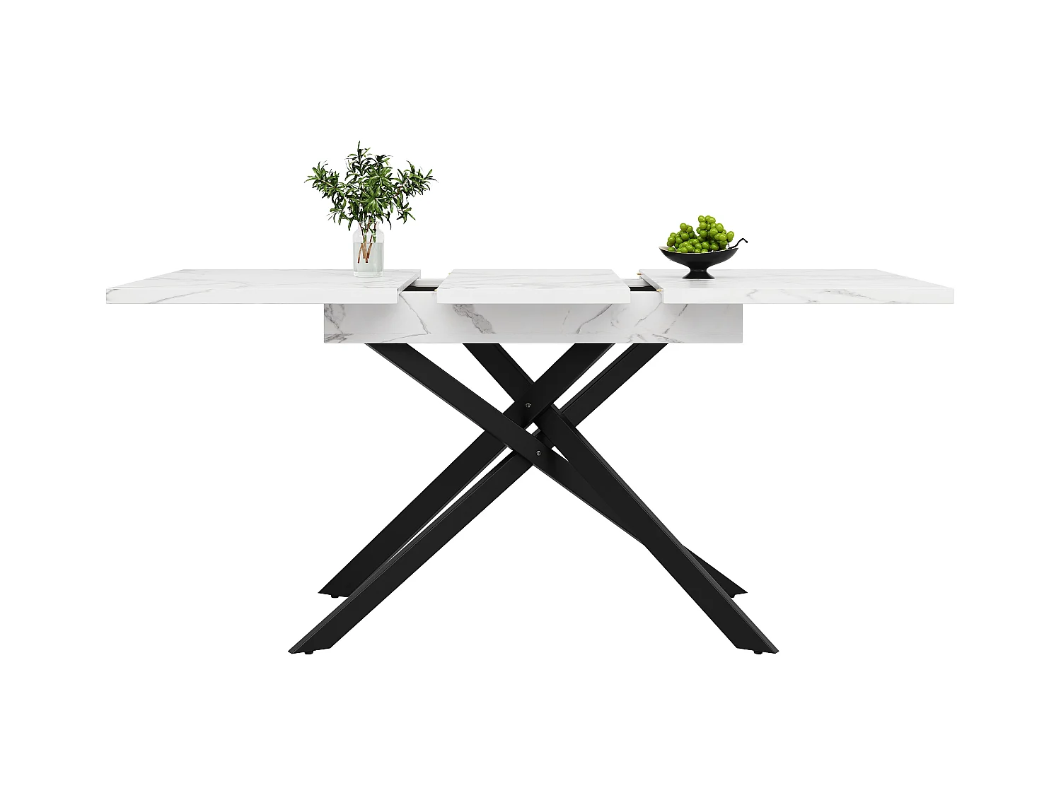 Uitschuifbare eettafel voor 6-8 personen 160x80cm in MDF met gekruiste poten, wit marmerfineer met zwarte poten