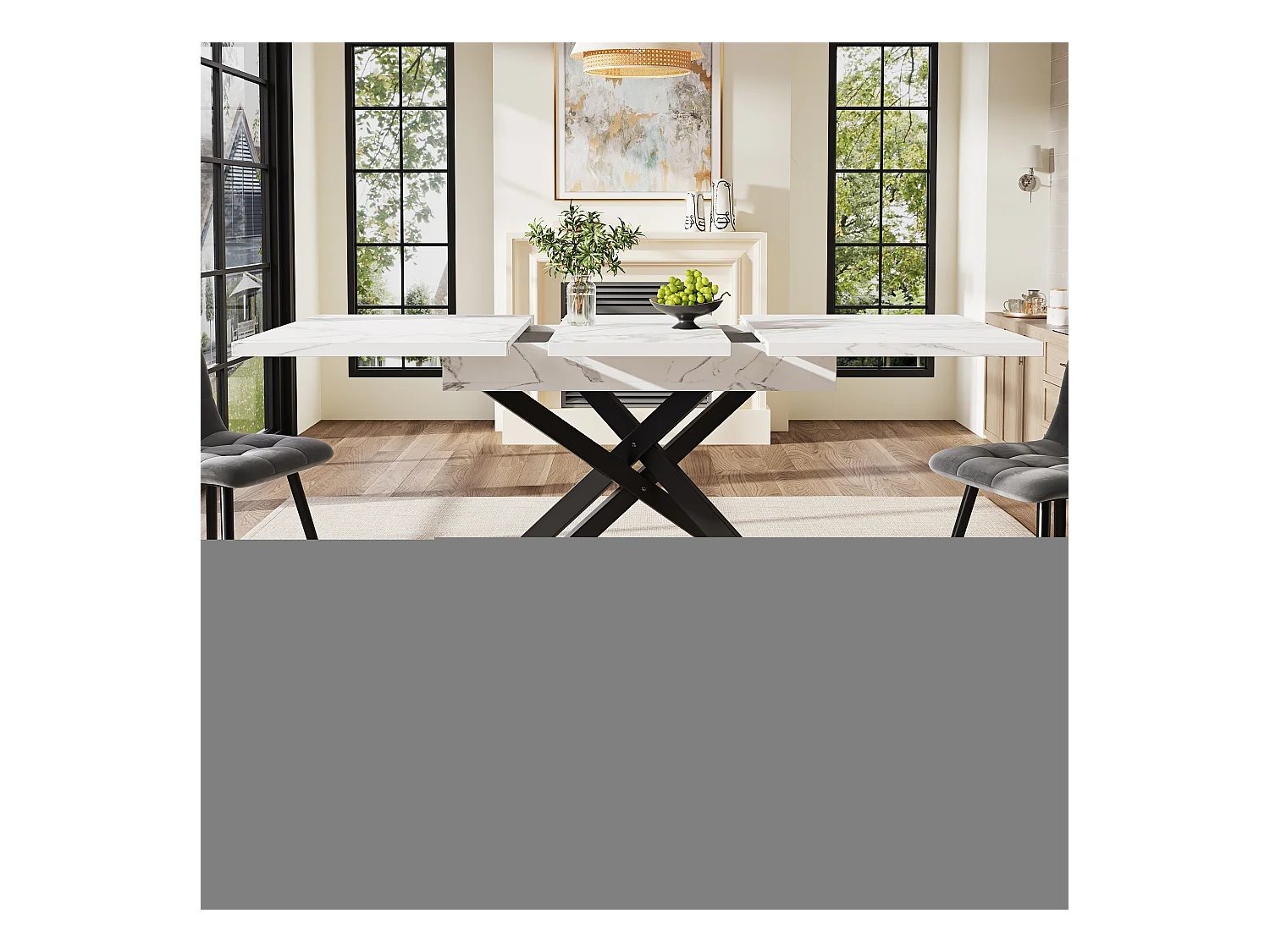 Table à manger extensible 6-8 personnes 160x80cm en MDF avec pieds croisé, placage marbre blanc avec pied noir