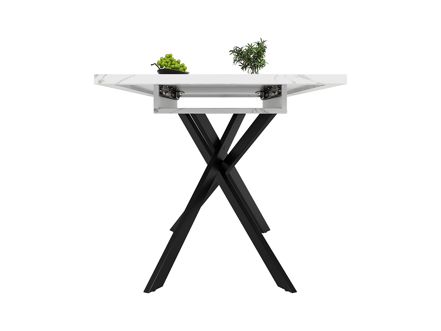 Table à manger extensible 6-8 personnes 160x80cm en MDF avec pieds croisé, placage marbre blanc avec pied noir