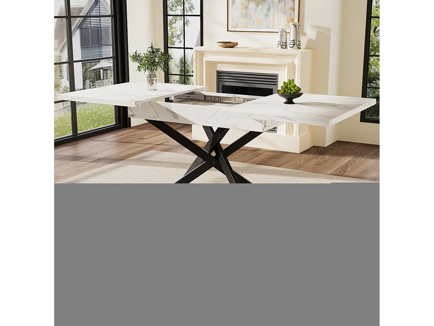Table à manger extensible 6-8 personnes 160x80cm en MDF avec pieds croisé, placage effet marbre blanc avec pied noir