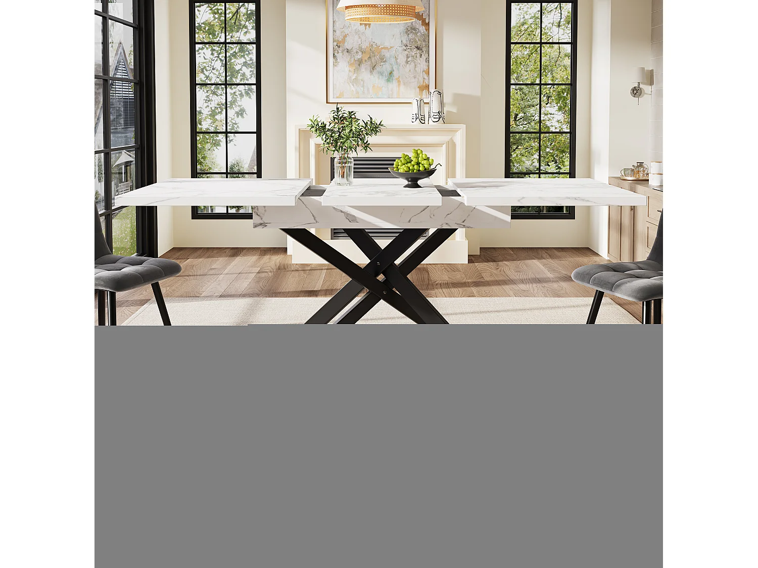 Table à manger extensible 6-8 personnes 160x80cm en MDF avec pieds croisé, placage effet marbre blanc avec pied noir