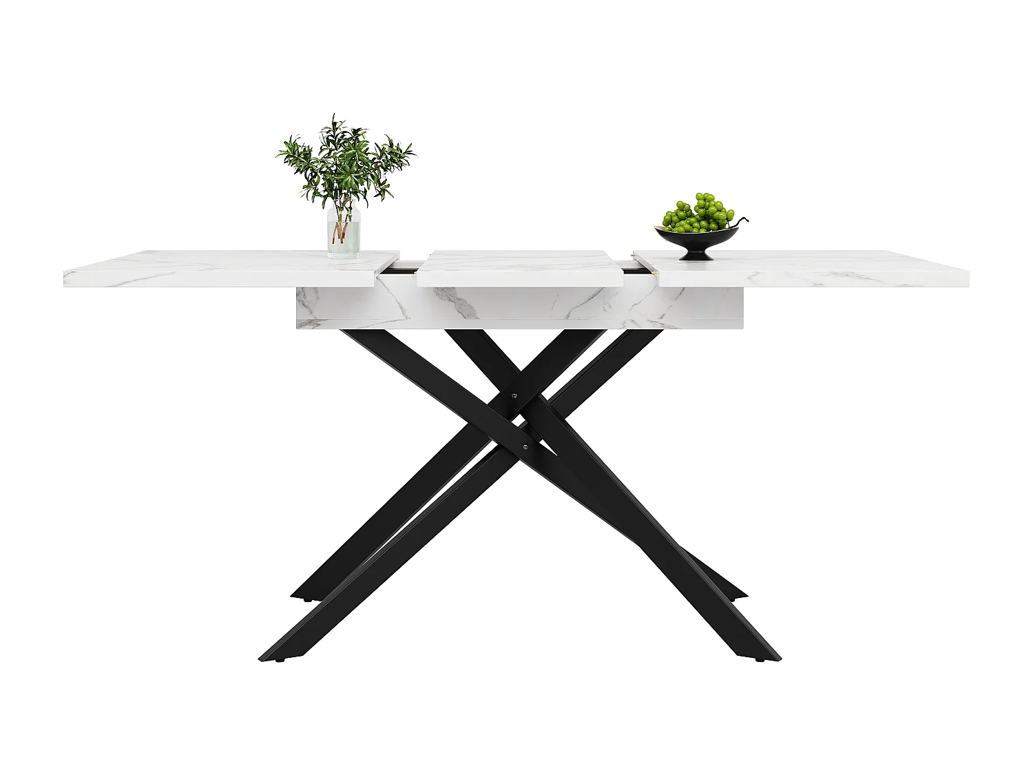 Table à manger extensible 6-8 personnes 160x80cm en MDF avec pieds croisé, placage effet marbre blanc avec pied noir