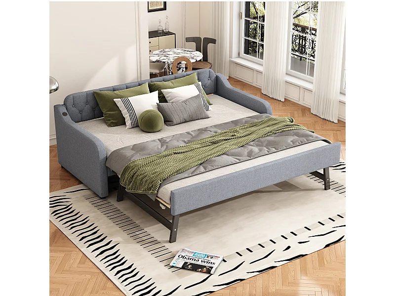 Lit banquette enfant 90x200cm convertible, en lin gris, sans matelas