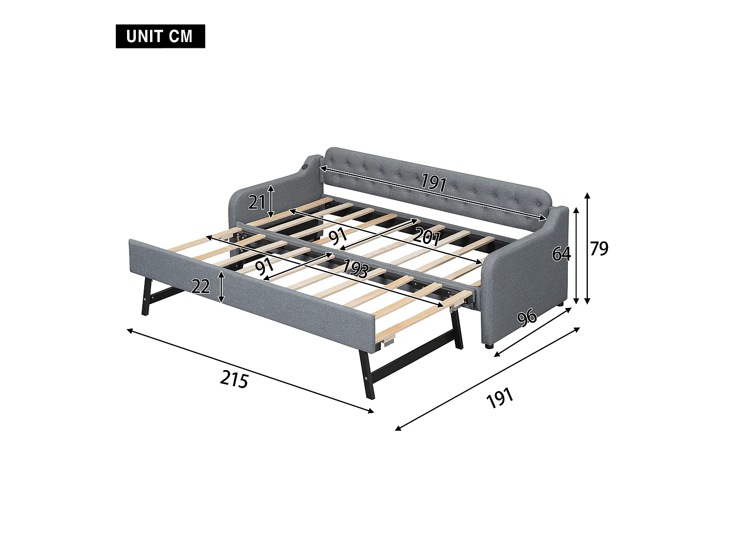 Lit banquette enfant 90x200cm convertible, en lin gris, sans matelas