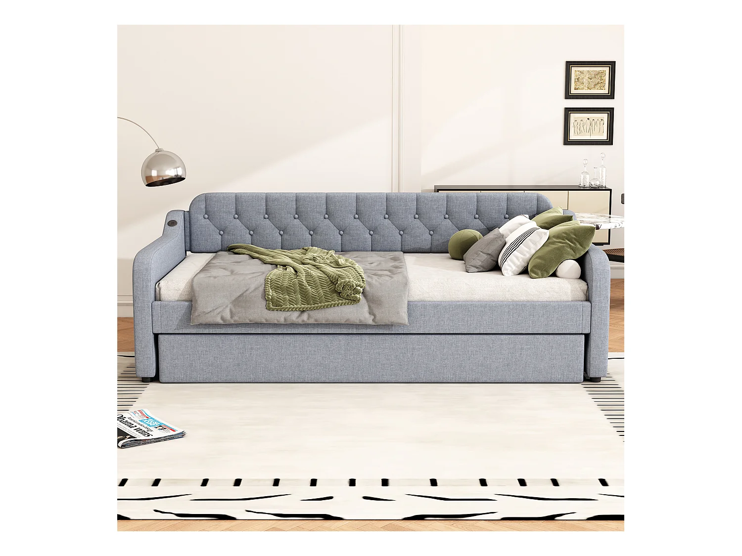 Lit banquette enfant 90x200cm convertible, en lin gris, sans matelas