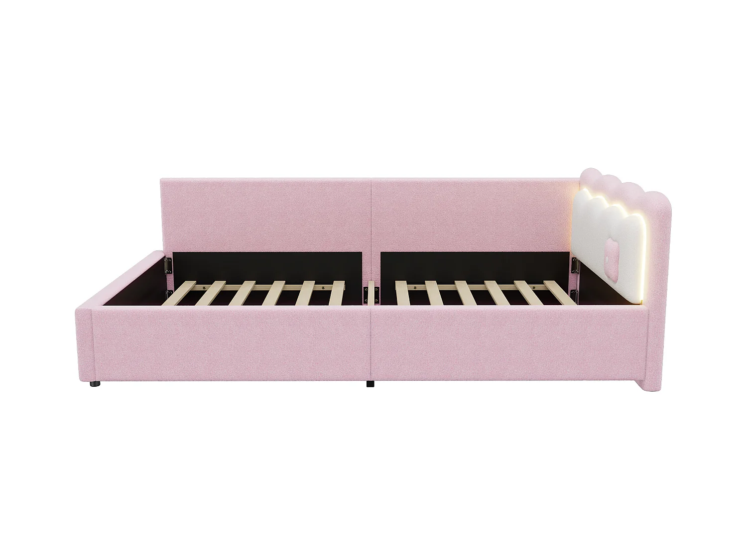 Lit banquette enfant 90x200cm, avec LED, en imitation laine rose, sans matelas