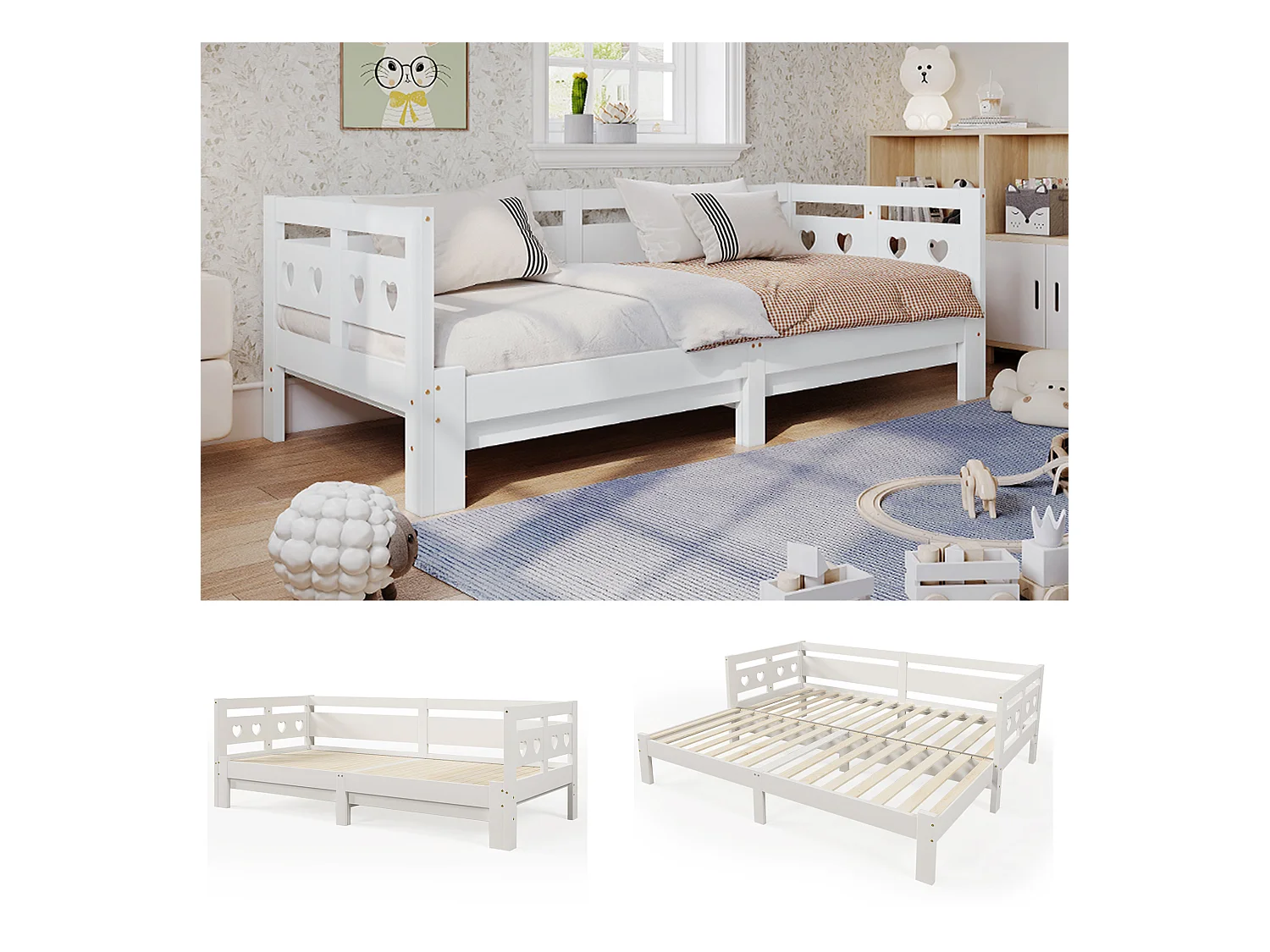 Lit enfant banquette 90x200cm convertible, sommier à lattes, bois, blanc, sans matelas
