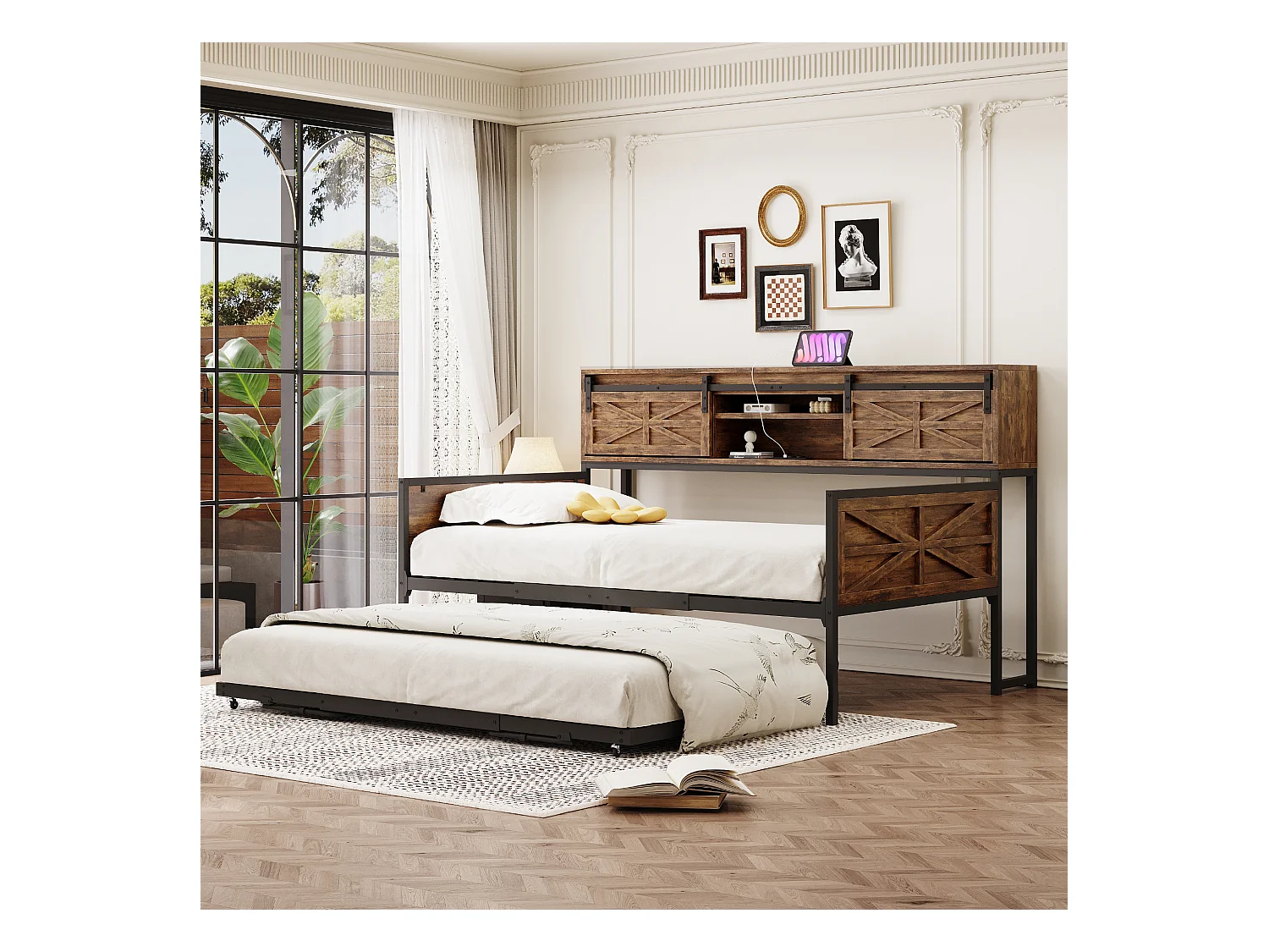 Lit banquette enfant 90x200cm, avec lit gigogne 90x190cm et prises électriques,Métal+MDF, Naturel foncé, sans matelas