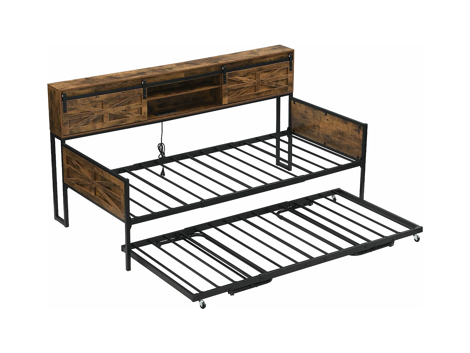 Lit banquette enfant 90x200cm, avec lit gigogne 90x190cm et prises électriques,Métal+MDF, Naturel foncé, sans matelas