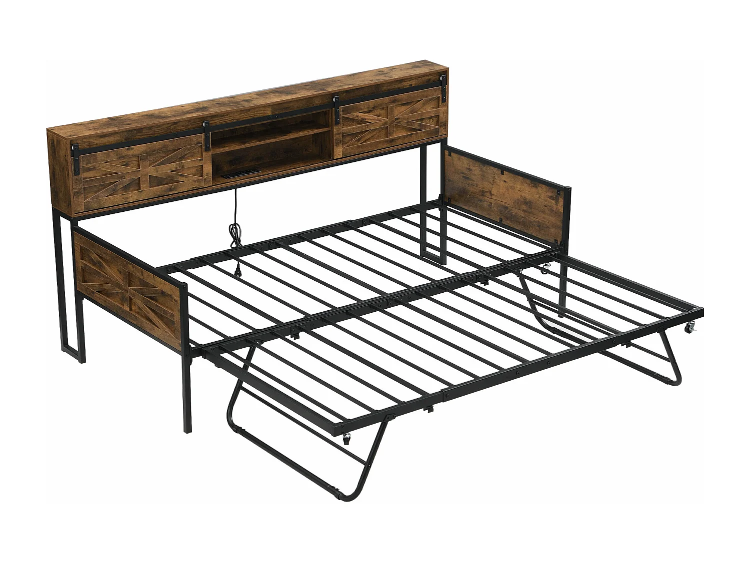 Lit banquette enfant 90x200cm, avec lit gigogne 90x190cm et prises électriques,Métal+MDF, Naturel foncé, sans matelas