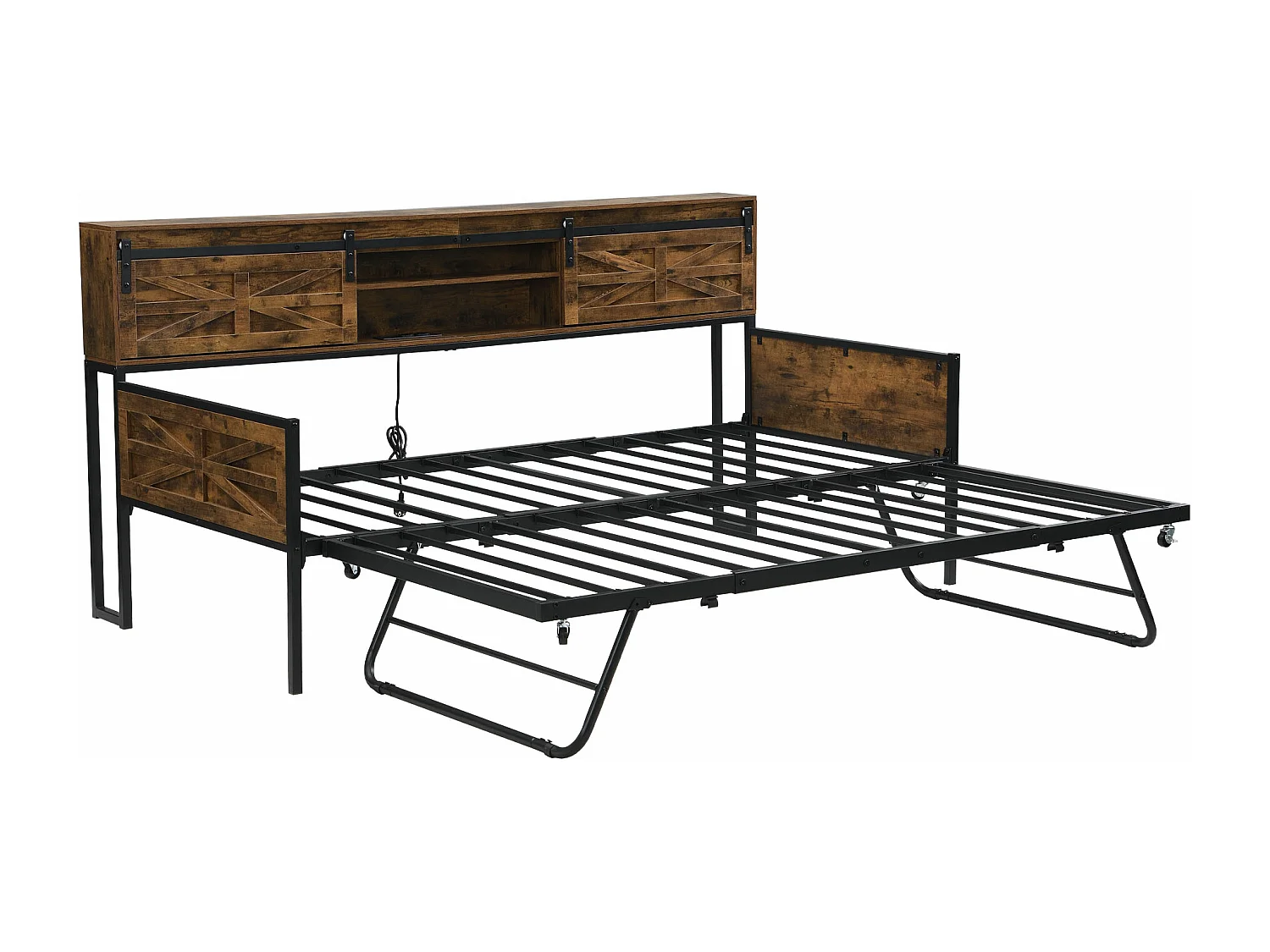 Lit banquette enfant 90x200cm, avec lit gigogne 90x190cm et prises électriques,Métal+MDF, Naturel foncé, sans matelas