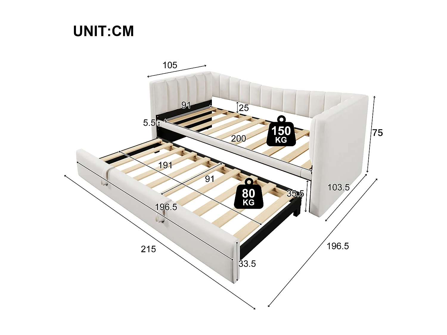 Lit banquette enfant 90x200cm convertible avec lit gigogne 90x190cm, en velours blanc, sans matelas
