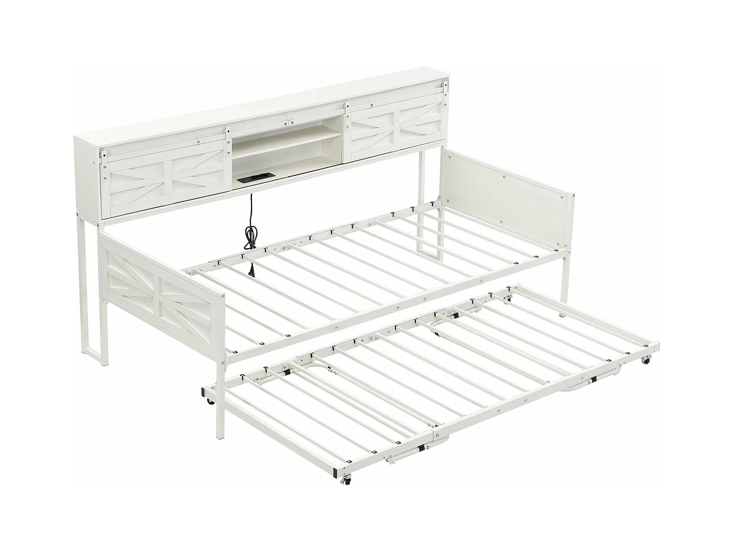 Lit banquette enfant 90x200cm, avec lit gigogne 90x190cm et prises électriques,Métal+MDF, Blanc, sans matelas