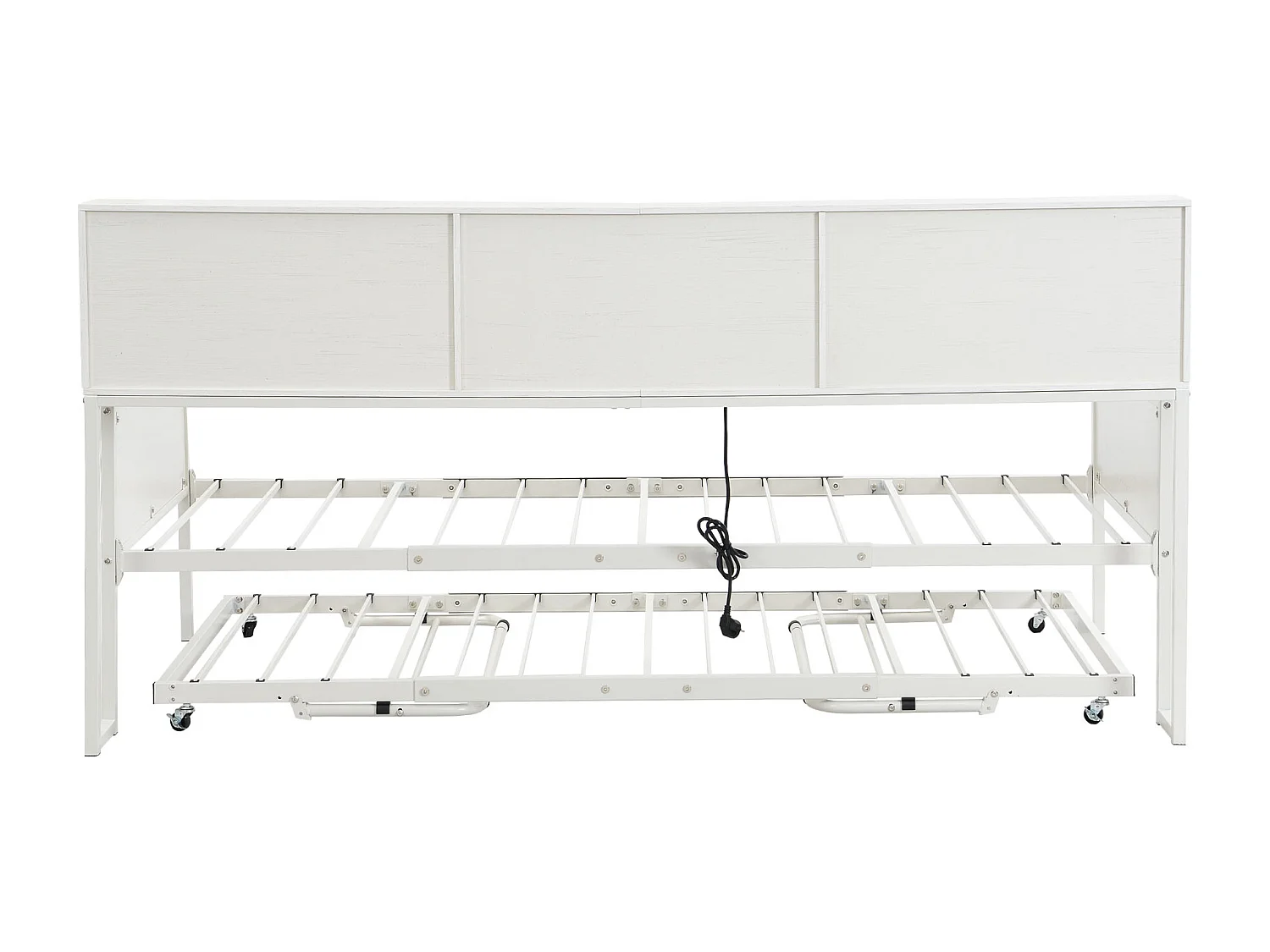 Lit banquette enfant 90x200cm, avec lit gigogne 90x190cm et prises électriques,Métal+MDF, Blanc, sans matelas