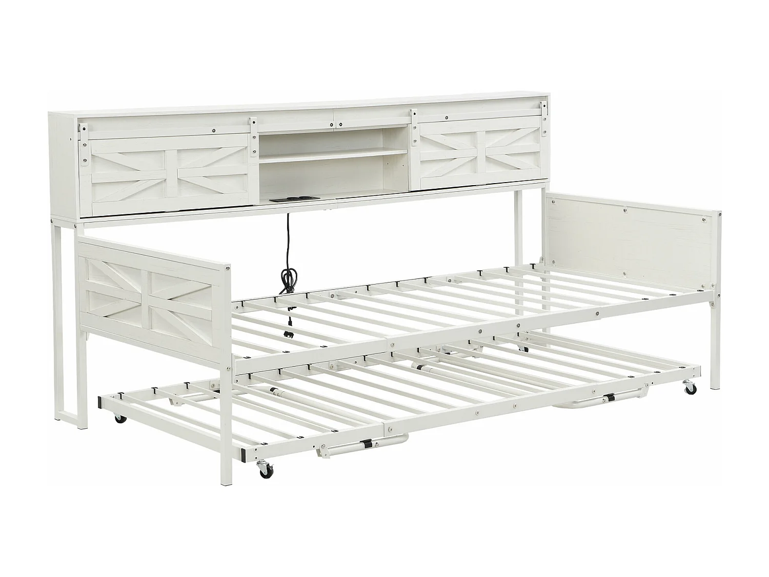 Lit banquette enfant 90x200cm, avec lit gigogne 90x190cm et prises électriques,Métal+MDF, Blanc, sans matelas