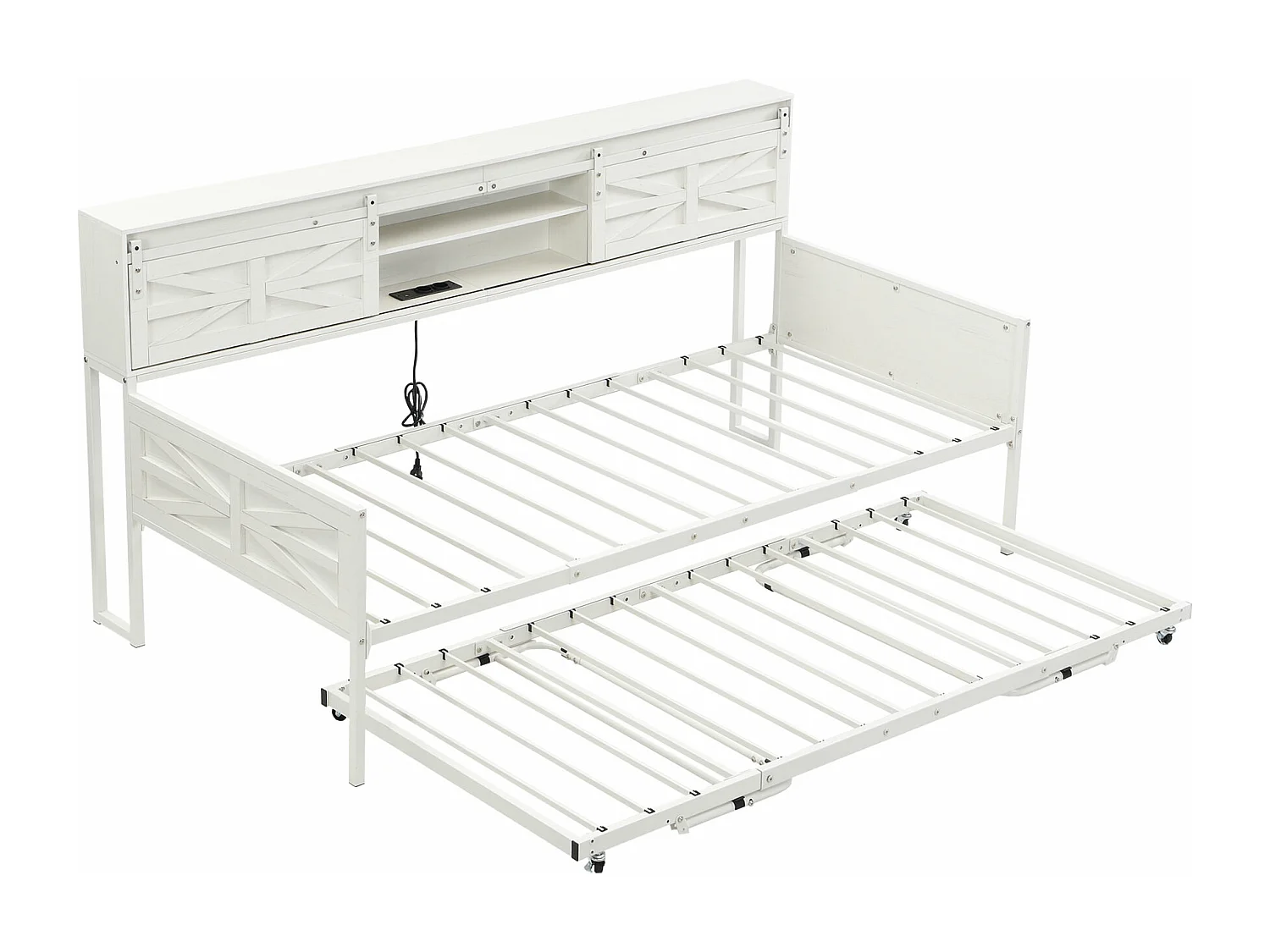 Lit banquette enfant 90x200cm, avec lit gigogne 90x190cm et prises électriques,Métal+MDF, Blanc, sans matelas