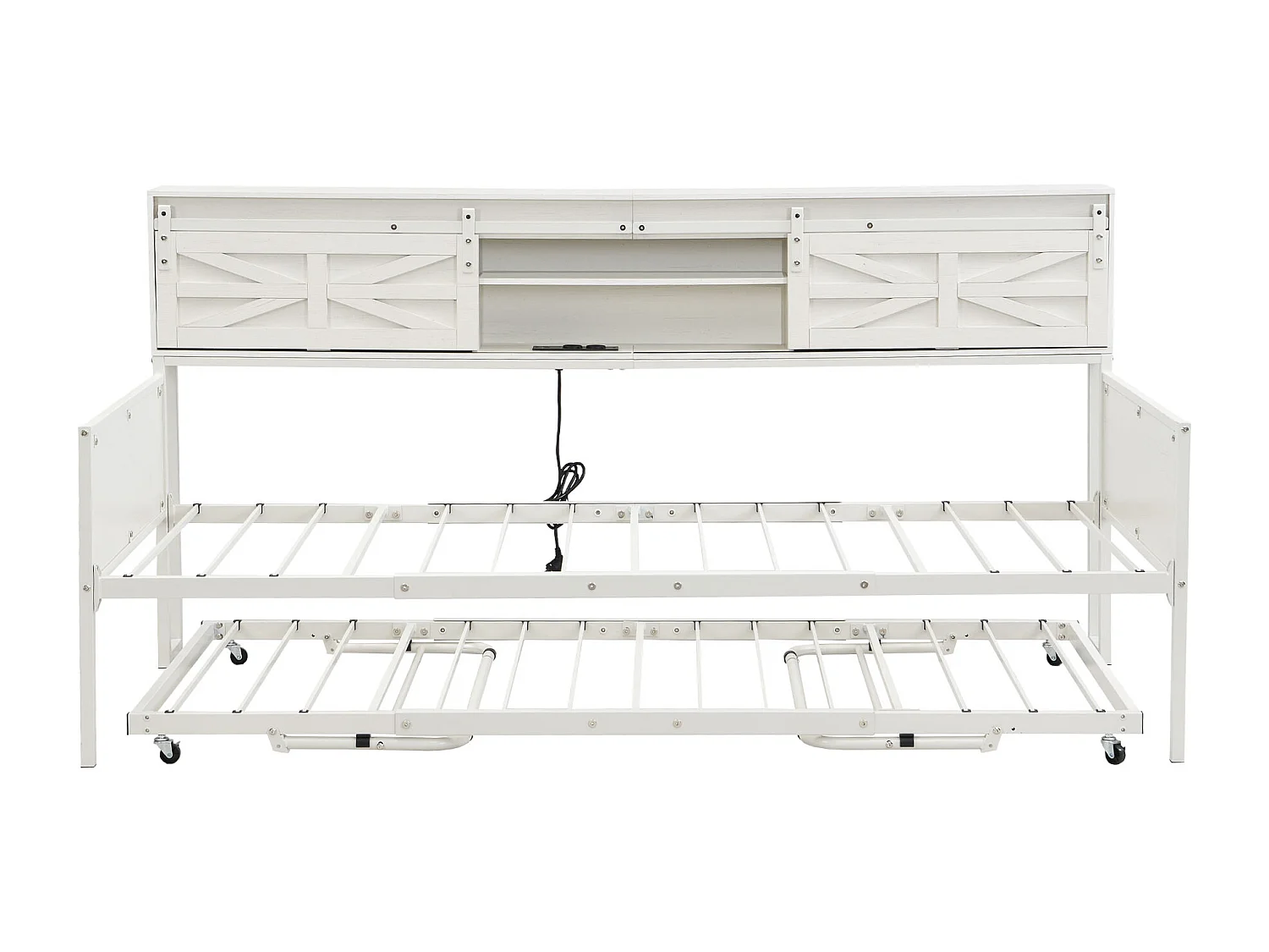 Lit banquette enfant 90x200cm, avec lit gigogne 90x190cm et prises électriques,Métal+MDF, Blanc, sans matelas