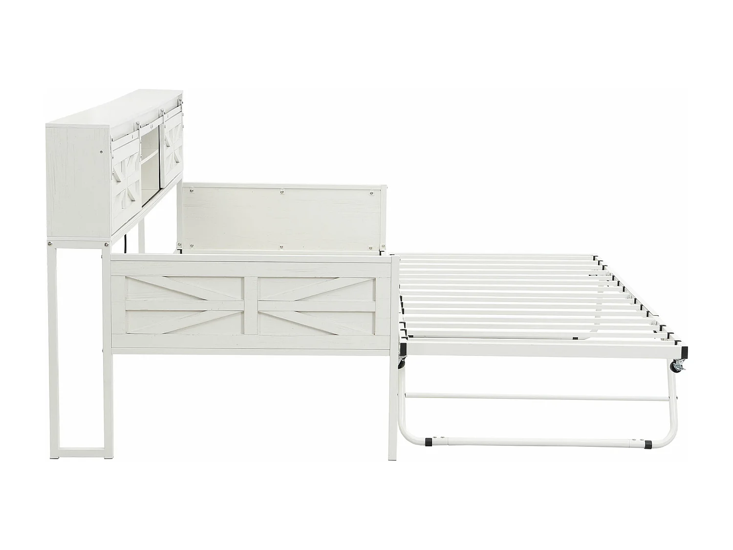 Lit banquette enfant 90x200cm, avec lit gigogne 90x190cm et prises électriques,Métal+MDF, Blanc, sans matelas
