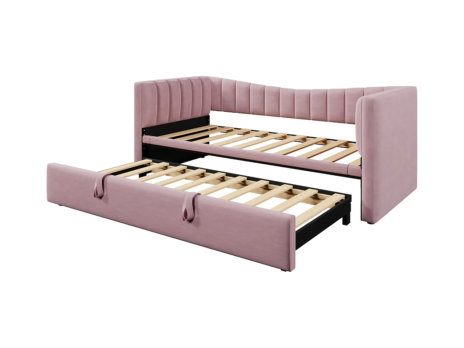 Lit banquette enfant 90x200cm convertible avec lit gigogne 90x190cm, en velours rose, sans matelas