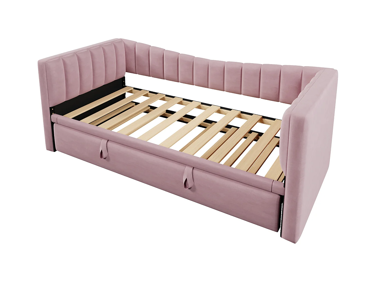 Lit banquette enfant 90x200cm convertible avec lit gigogne 90x190cm, en velours rose, sans matelas