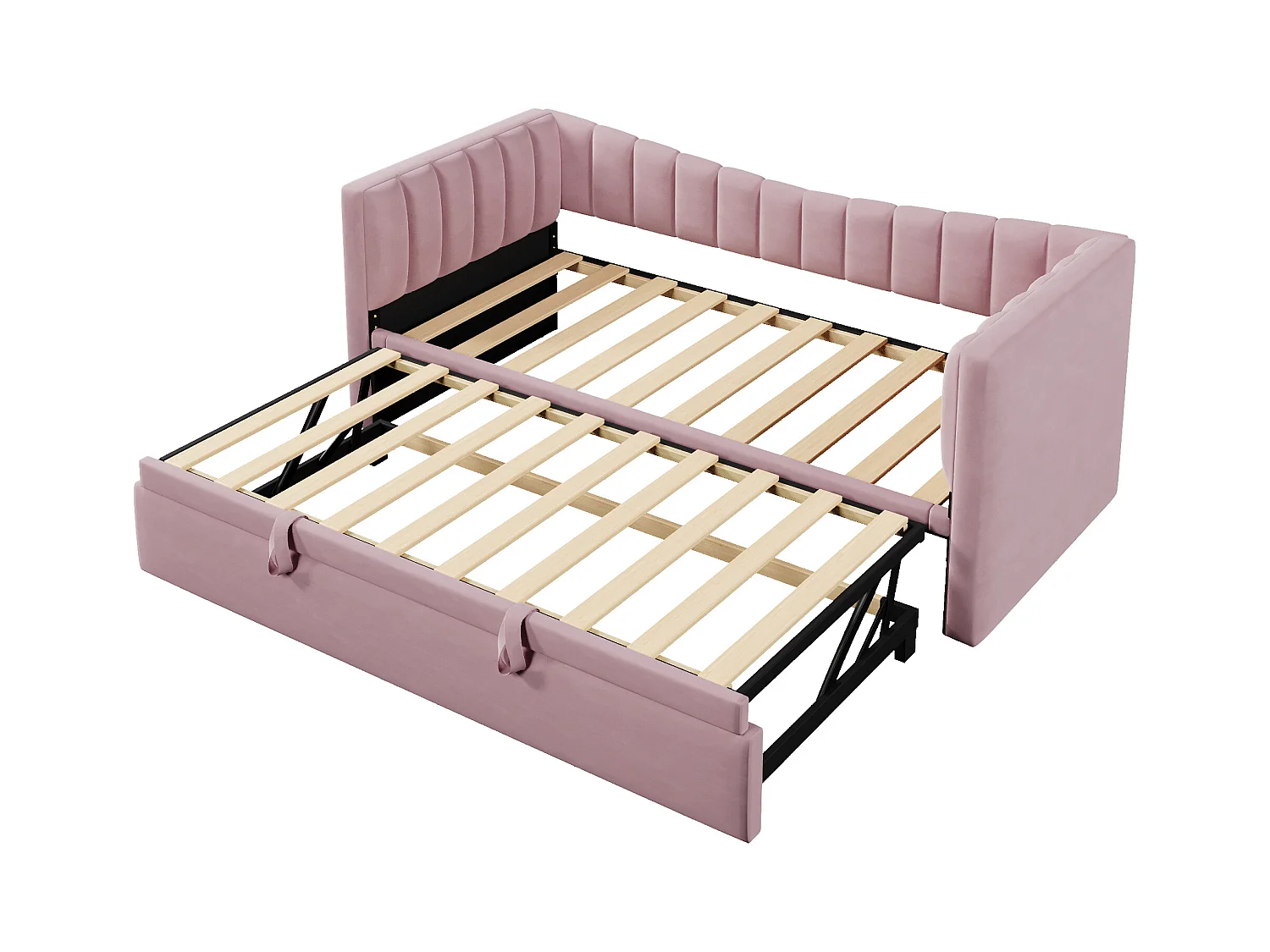 Lit banquette enfant 90x200cm convertible avec lit gigogne 90x190cm, en velours rose, sans matelas