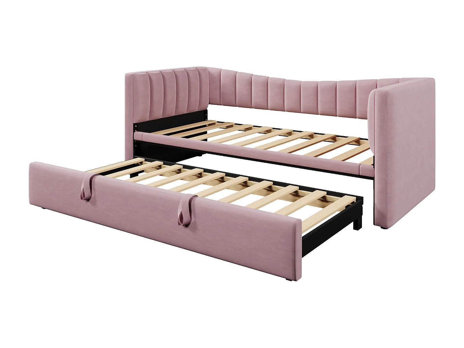 Lit banquette enfant 90x200cm convertible avec lit gigogne 90x190cm, en velours rose, sans matelas