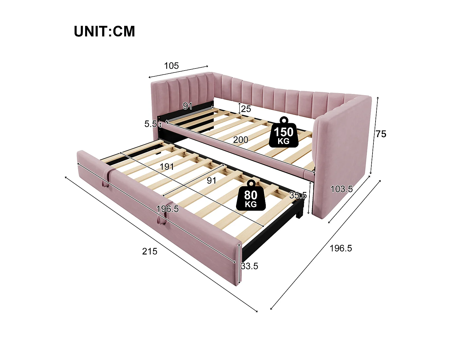 Lit banquette enfant 90x200cm convertible avec lit gigogne 90x190cm, en velours rose, sans matelas