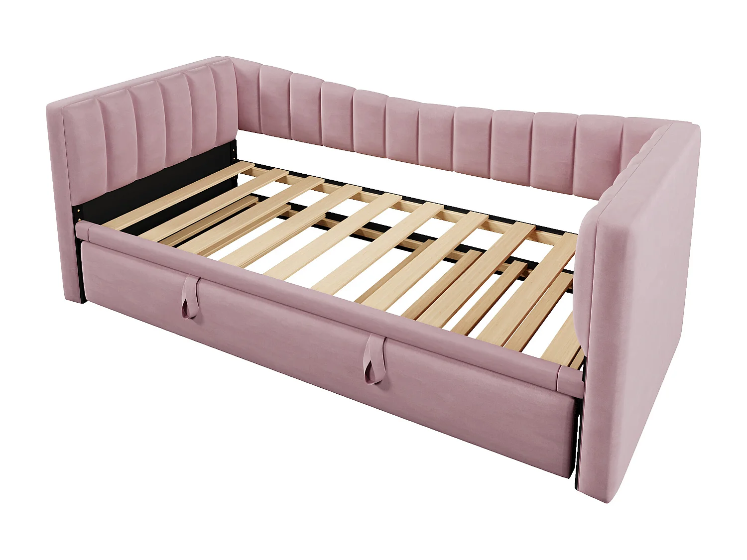 Lit banquette enfant 90x200cm convertible avec lit gigogne 90x190cm, en velours rose, sans matelas