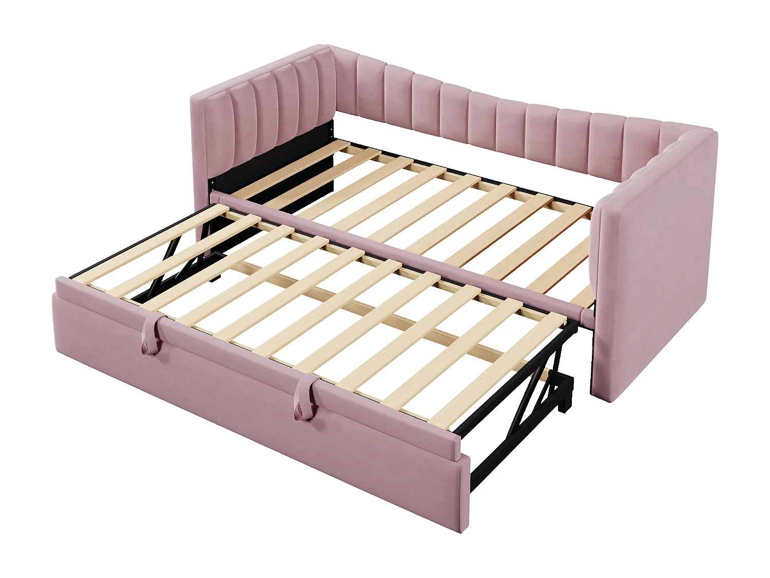 Lit banquette enfant 90x200cm convertible avec lit gigogne 90x190cm, en velours rose, sans matelas