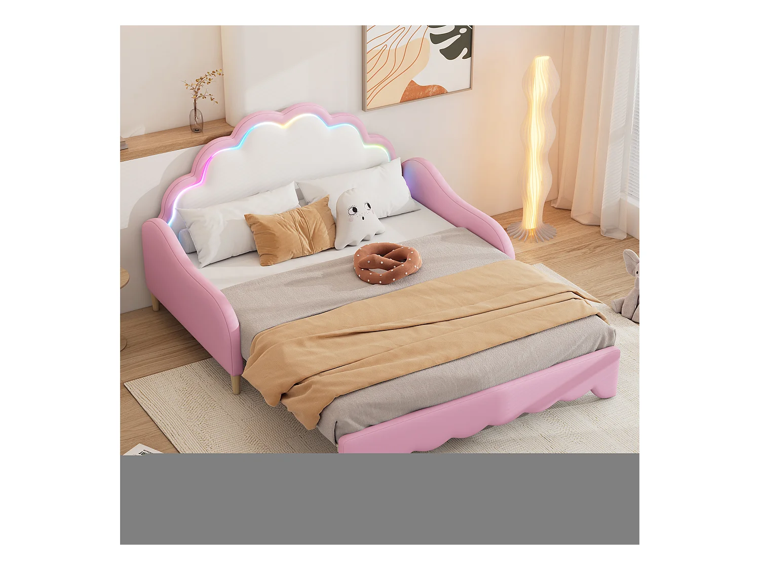 Lit banquette enfant 140x200cm convertible, avec LED, en PU rose, sans matelas