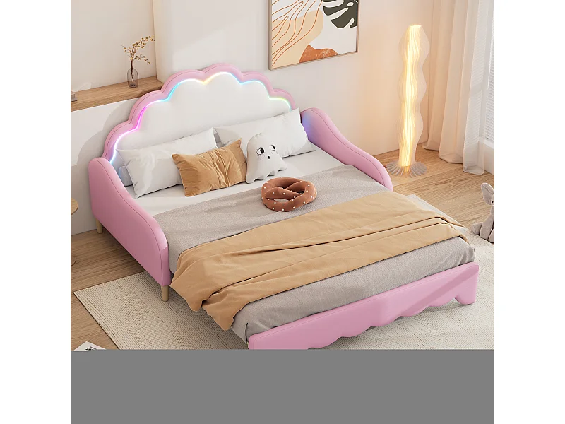 Divano letto 140x200 cm per bambini, trasformabile con LED, ecopelle rosa, senza materasso