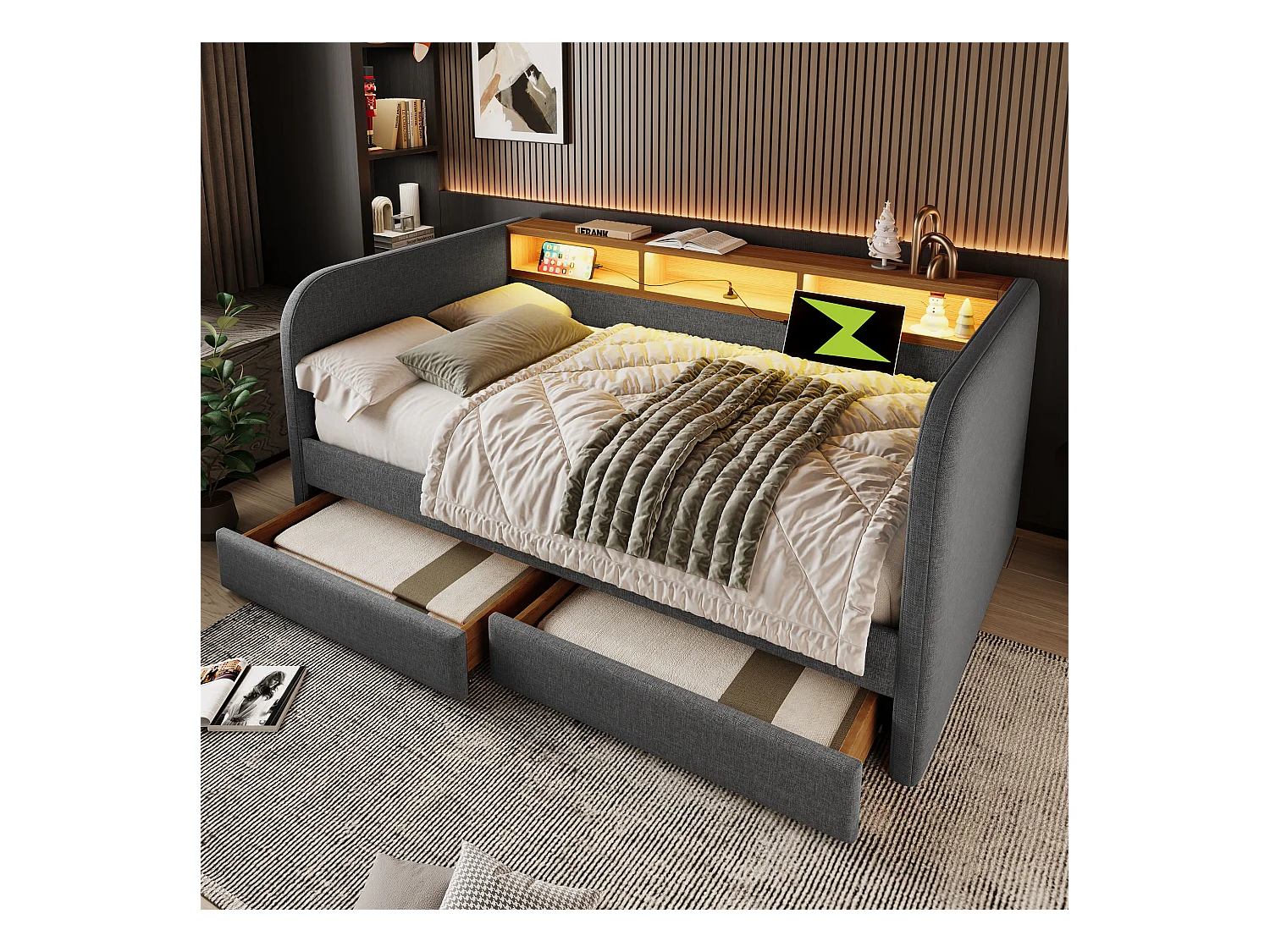 Lit banquette adulte 140x190cm avec 2 tiroirs, LED et USB type-C, lin gris, sans matelas