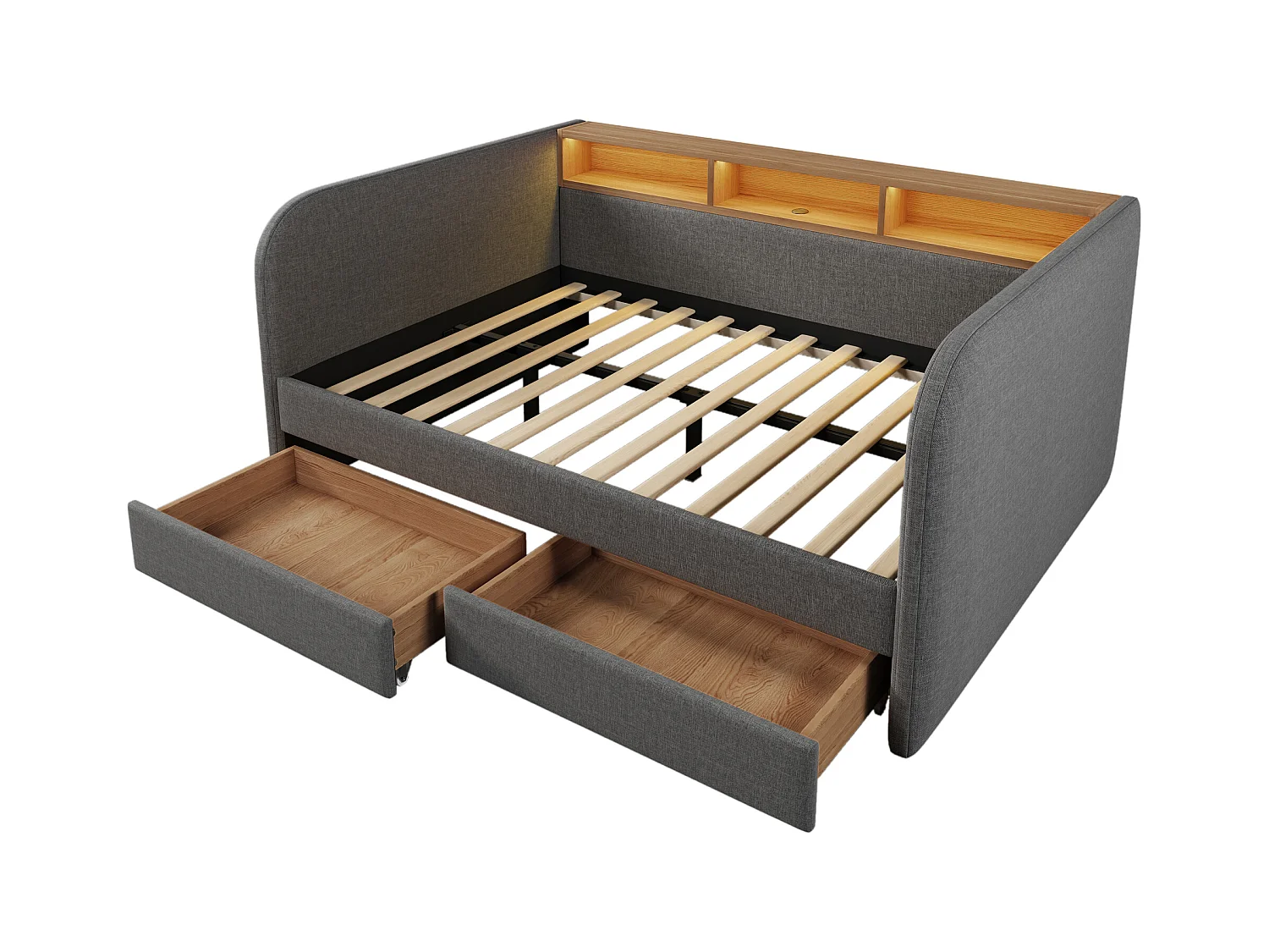 Lit banquette adulte 140x190cm avec 2 tiroirs, LED et USB type-C, lin gris, sans matelas